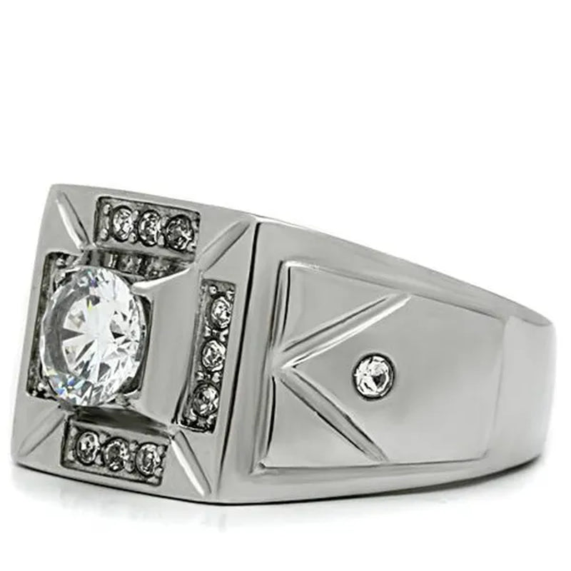 Men's 1.24 Ct Round Cut Simulated Diamond Silver Stainless Steel Ring Sizes 8-13