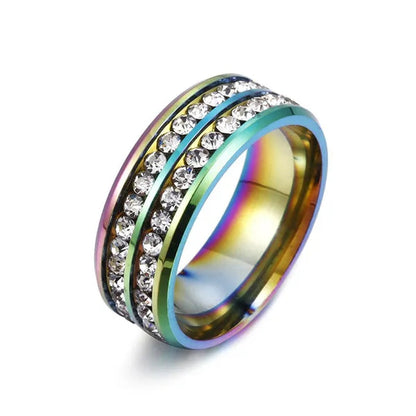 Fashion Exquisite Women Men 8mm Stainless Steel Unique Double Row Crystal Diamond Ring Wedding Band Jewelry Gifts(Size 5-13)