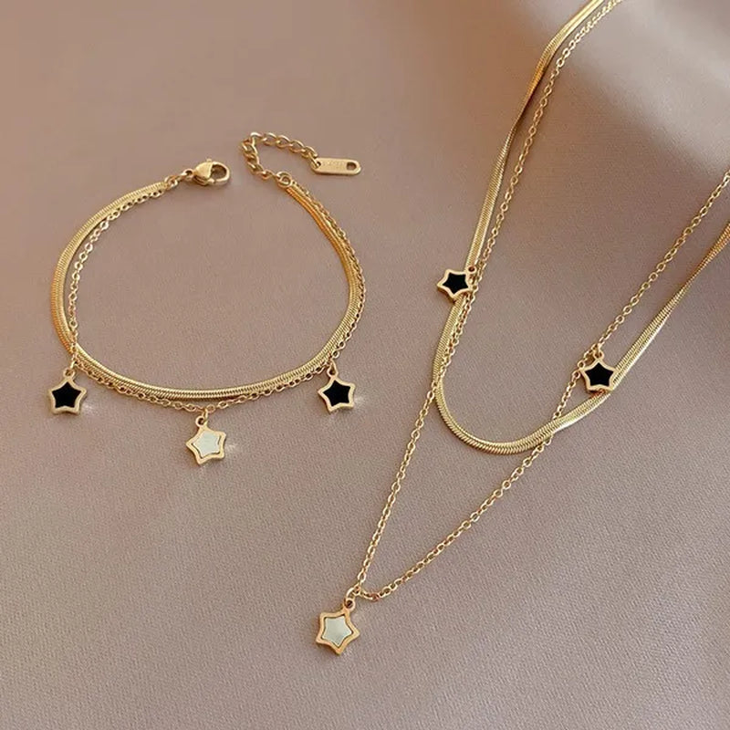 Double Layer Enamel Star Pendant Necklace for Women Bracelet 2021 Trendy Party Fashion Jewelry