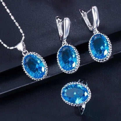 CANDICE Romantic Round Shaped Purple Crystal Sterling Silver Plated Jewelry Set For Party Necklace Earrings Ring Sets（US 6-9)