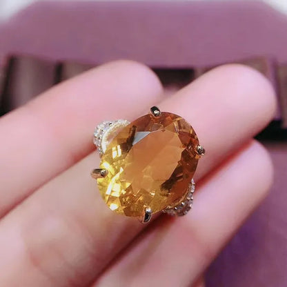 Colife Jewelry 100% Natural Citrine Ring 12*16Mm Natural Citrine Silver Ring Big Size Gemstone Silver Ring Brithday Gift