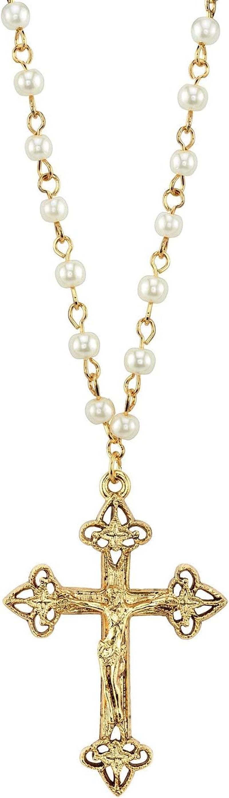 Women'S Gold Tone 4Mm Faux Pearl Chain Crucifix Cross Pendant Necklace 16" + 3" Extender