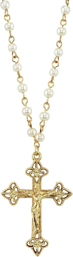 Women'S Gold Tone 4Mm Faux Pearl Chain Crucifix Cross Pendant Necklace 16" + 3" Extender