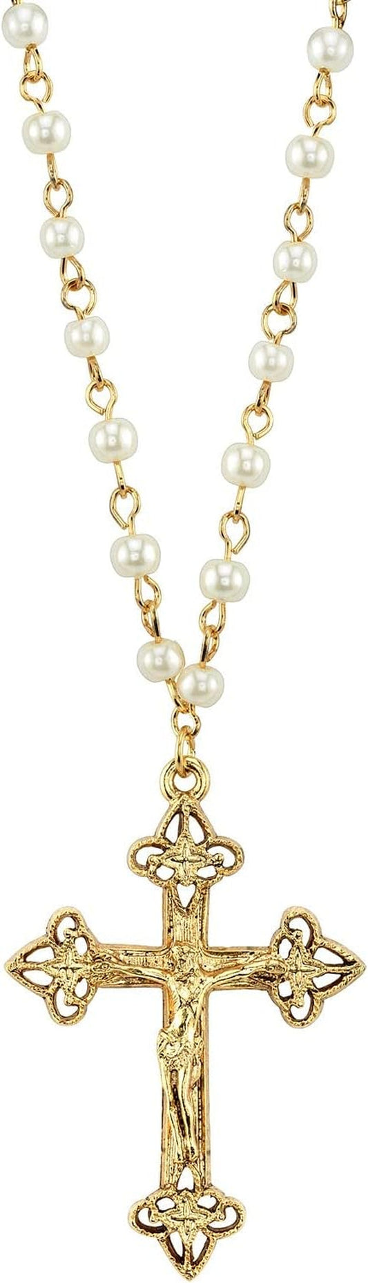 Women'S Gold Tone 4Mm Faux Pearl Chain Crucifix Cross Pendant Necklace 16" + 3" Extender