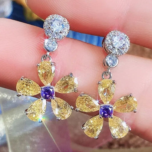 Fashion Bridal Wedding Earrings Jewelry Gifts Silver Plated Lab Diamond Gemstone Citrine Flower Drop Earrings