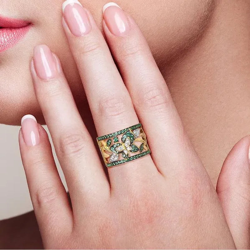 Luxury Exquisite Women's Fashion Gold Plated Cubic Zircon Handmade Green Butterfly Ring Anniversary Gift Engagement Bridal Wedding Jewelry Rings Size 5-10