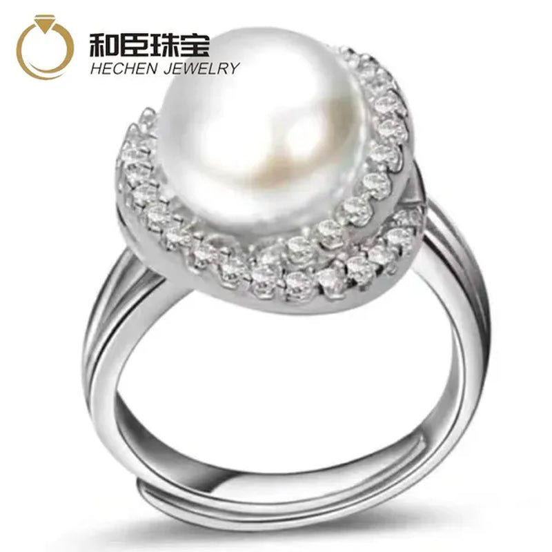 925 Sterling Silver 18K Gold with Diamonds Natural South Sea Gold Pearl Pearl Powder Ring Pearl Ring Finger Ring for Mother