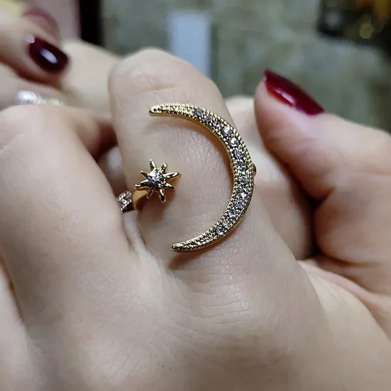 Gorgeous Women 925 Sterling Silver Rose Gold Natural Gemstones White Sapphire Diamond Stars Moon Adjustable Open Ring Romantic Wedding Bride Engagement Anniversary Rings Jewelry