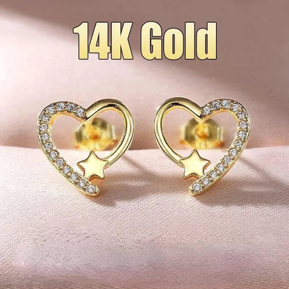 14K  Gold Love Heart Star White Zircon Stud Earrings for Women Wedding Engagement Bride Jewelry Gift