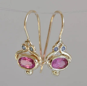 Unique   Blue Sapphire Oval Pink Tourmaline Gemstone Dangle Hook Earrings Women Jewelry Gifts