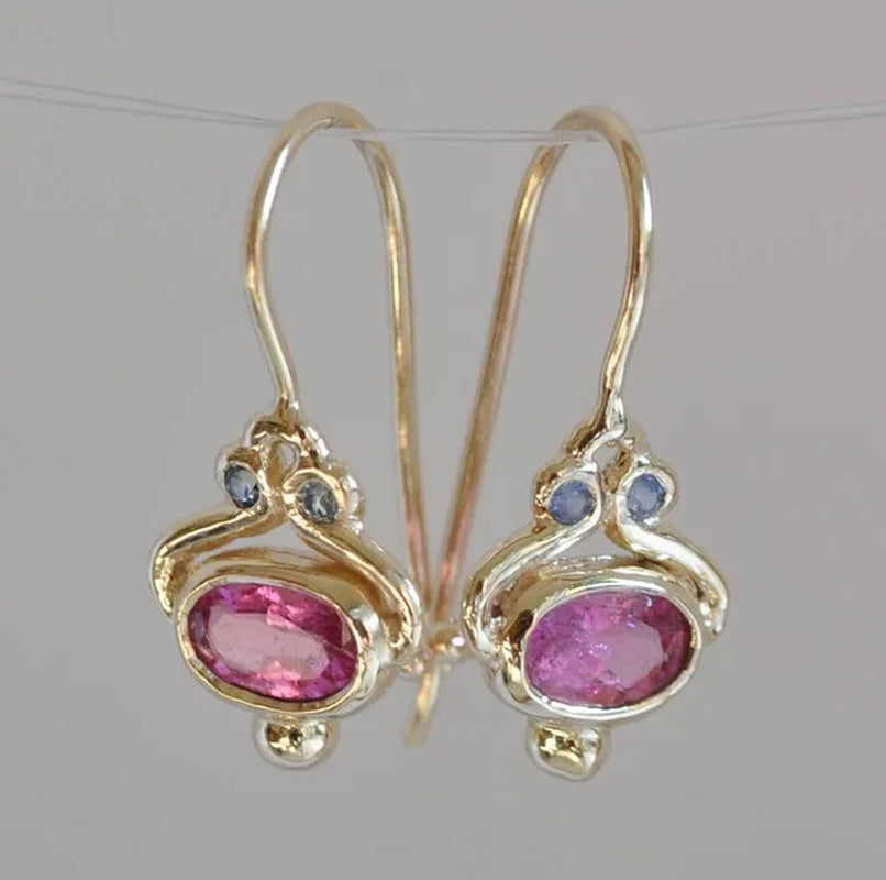 Unique Blue Sapphire Oval Pink Tourmaline Gemstone Dangle Hook Earrings Women Jewelry Gifts