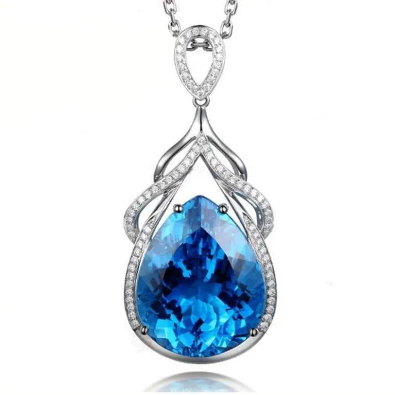 Jewelry Fashion 925 Sterling Silver Diamond Water Drop Aquamarine Pendant Necklace Ornament