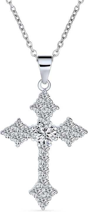 Elegant Bridal Cubic Zirconia Vintage Antique Style Migrain AAA CZ Christian Religious Cross Pendant Necklace for Women Teens .925 Sterling Silver