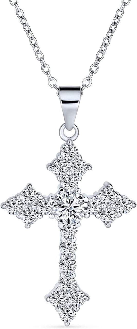 Elegant Bridal Cubic Zirconia Vintage Antique Style Migrain AAA CZ Christian Religious Cross Pendant Necklace for Women Teens .925 Sterling Silver