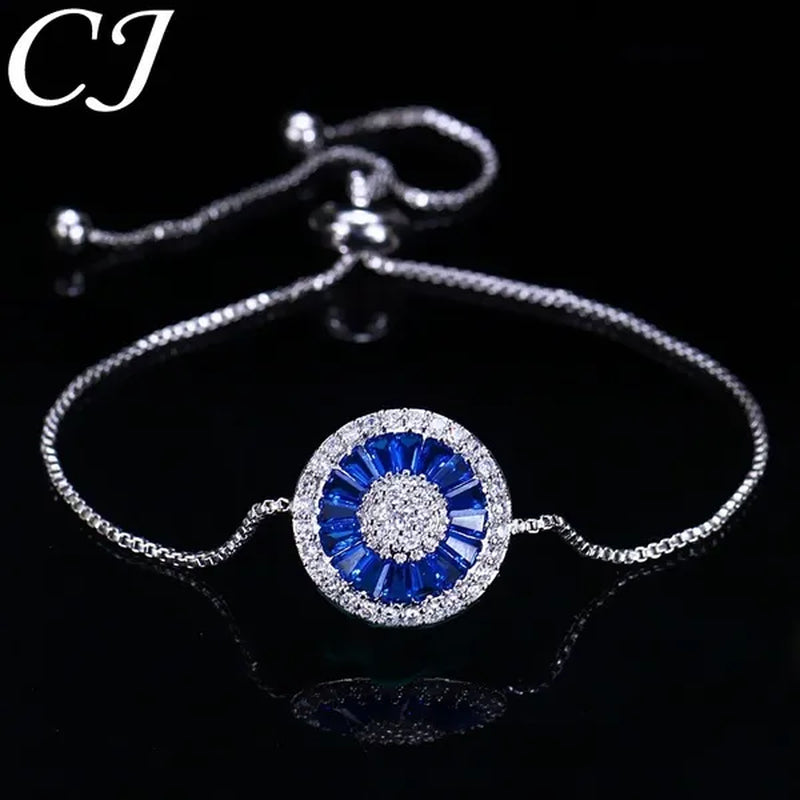 CANDICE Fashion Green round Charm Adjustable Slider Bracelet Bangle for Women White Gold Plated Cubic Zirconia Jewelry