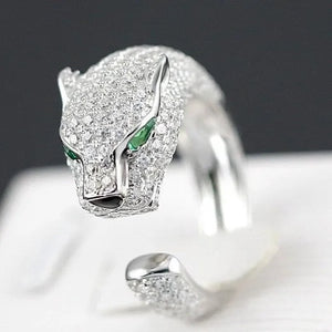 Personality 925 Sterling Silver Plated Jaguar Rings with Green Rhinestone Eyes Animal Fashion Costume Rings for Men and Women