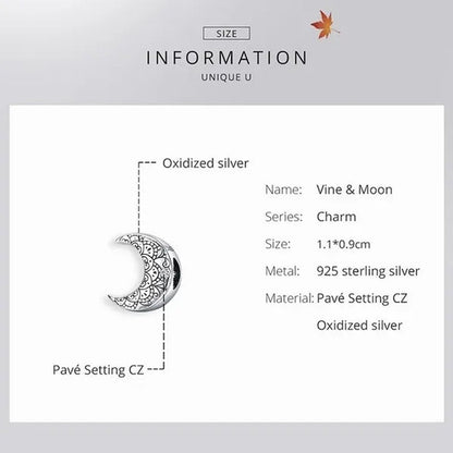 Genuine 925 Sterling Silver Vine & Moon Beads Charm Fit Charm Bracelets DIY