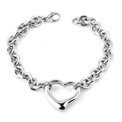 Charming Bracelet Necklace Set Silver Stainless Steel Oval Chain Womens Solid Heart Pendant Bracelet Accessories