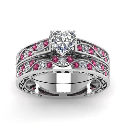 Cocktail Ring Heart CZ Ruby 10KT White Gold Filled Women'S Wedding Ring Sets Sz6-9