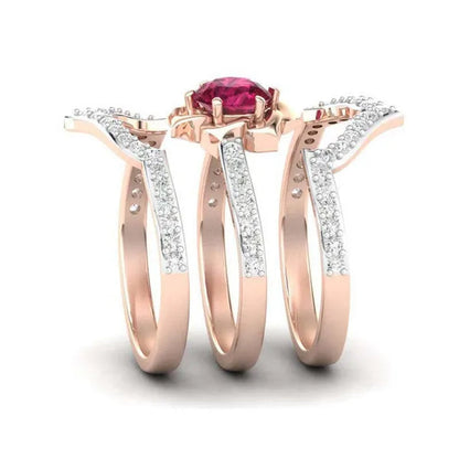 3 pcs/set of exquisite bridal wedding jewelry Rose petals inlaid with red zircon ring Gypsophila Zircon Ring Embracing Roses set engagement wedding ring birthday Christmas gift ring jewelry size 5-13
