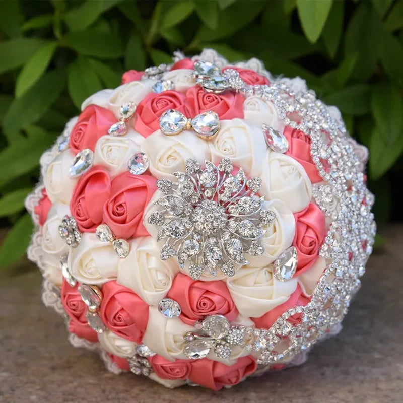 18CM Luxury Crystal Brooch Bride Bouquet Holding Flower Ribbon Lace Wedding Bouquet Artificial Simulation Rose Wedding Flower Bridesmaid Bouquet