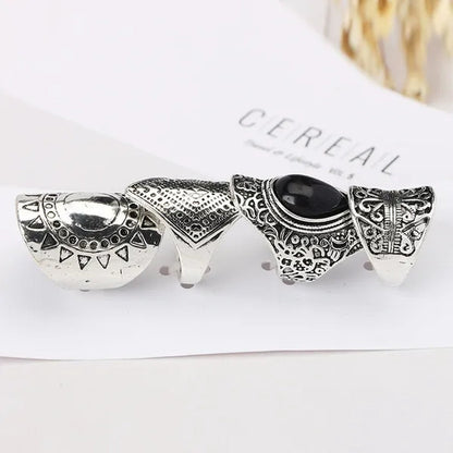4Pcs/Set Vintage Silver Gypsy Boho Ethnic Ring Hollow Carved Gem Diamond Women  Rings - WORLD TIME VISITS
