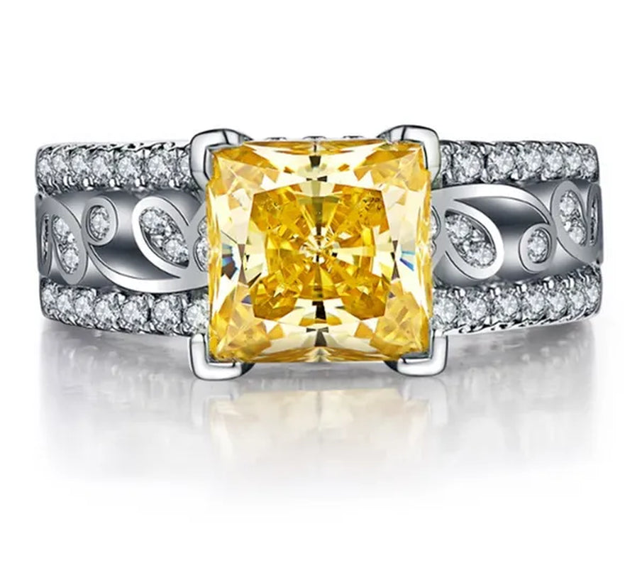 Elegant Silver Yellow Diamond Birthstone Gemstones Engagement Wedding Anniversary Ring Size 6 7 8 9 10