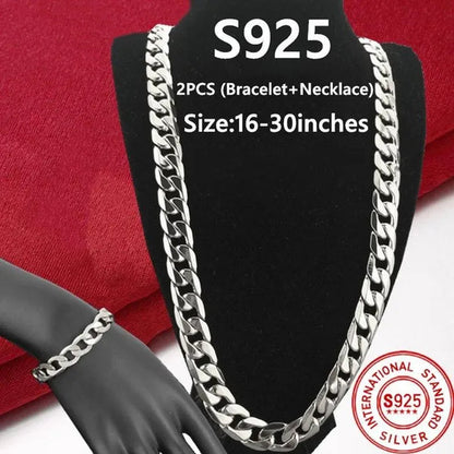 2PCS (Bracelet + Necklace) 925 Sterling Silver Fashion Jewelry Sets Curb Chain Necklace 925 Solid Silver Jewelry High Quality Necklace Bracelet 16-30 inches