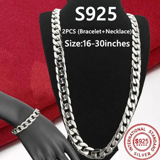 2PCS (Bracelet + Necklace) 925 Sterling Silver Fashion Jewelry Sets Curb Chain Necklace 925 Solid Silver Jewelry High Quality Necklace Bracelet 16-30 inches