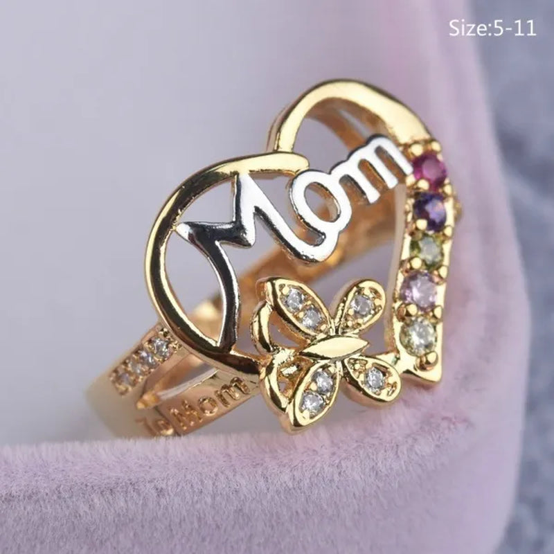 New Women Fashion Heart-Shaped Love Mum Ring Two Tone Gold Silver MOM Character Diamond Jewelry Family Birthday Best Gift for Mother Mummy Party Band Rings Size 5-11