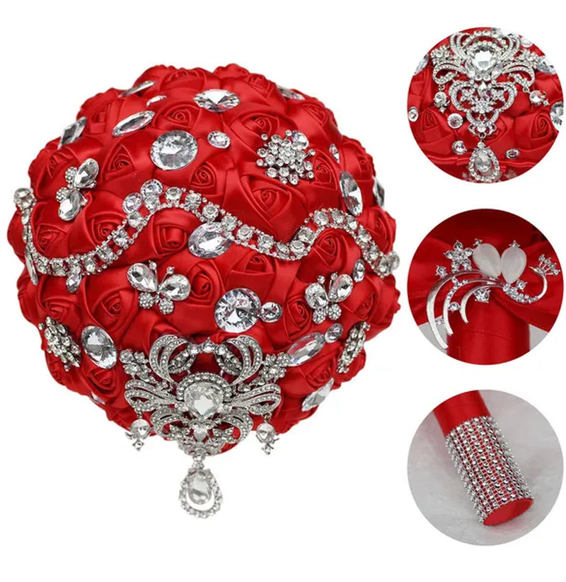 Shiny Luxury Rhinestone Brooch Pendant Wedding Bouquet 21CM Silk Rose Flower Diamond Bridal Bouquet Handmade Bridesmaid Holding Flowers
