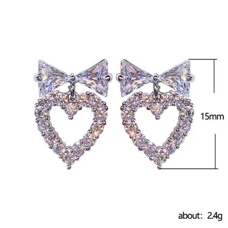 New Trendy Love Heart Bow Stud Earrings White Diamond Women Bridal Elegant Jewelry Elegant Earrings
