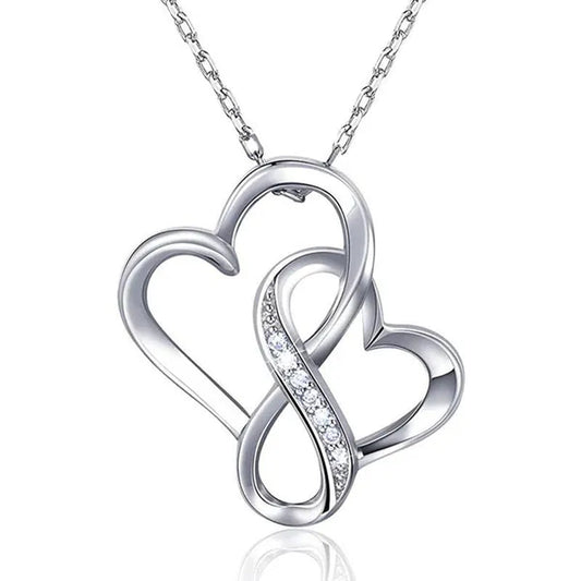 Fashion Double Heart Pendant 925 Sterling Silver Infinity Necklace for Women Bridal Wedding Anniversary Gift