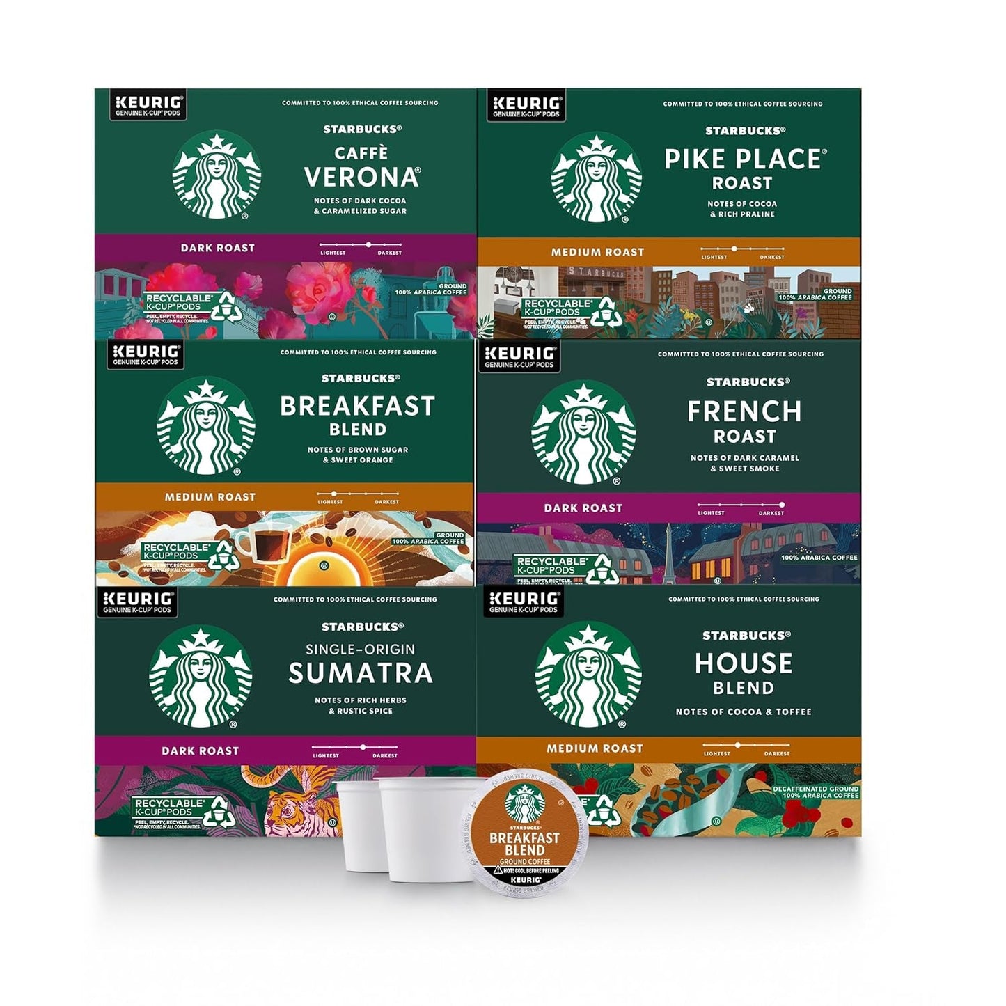 K-Cup Coffee Pods, Medium and Dark Roast Coffee Variety Pack for Keurig Brewers, 100% Arabica, 6 Boxes (60 Pods Total)