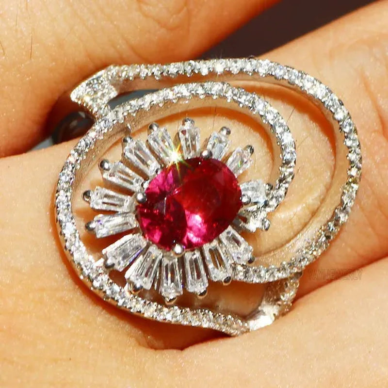 Gorgeous  Silver Natural Gemstones Ruby Wedding Birthstone Bride Engagement Multilevel Oval Leaf Ring Jewelry Size 6 7 8 9 10