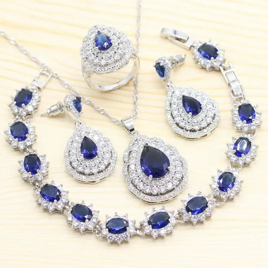 925 Silver Royal Blue Zirconia Wedding Jewelry Set for Women Heart Shape Necklace Pendant Ring Earrings Bracelet S Gift Box