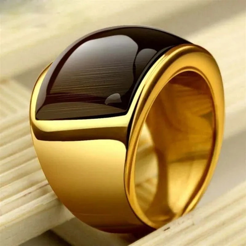 New Fashion Rings 316L Stainless Steel Gold Plated Simple Jewelry Ring With Opal For Men