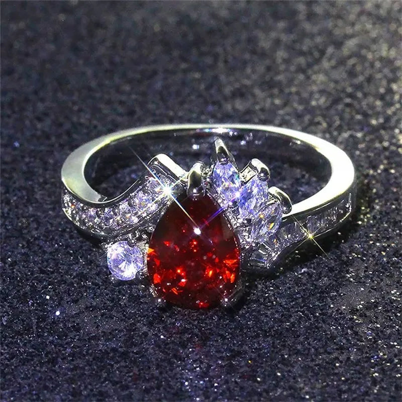 New silver-plated Fashion Natural Ruby Angel Teardrop Diamond Ring Engagement Wedding Ring Anniversary Christmas Gift Jewelry Accessories Size 5-11
