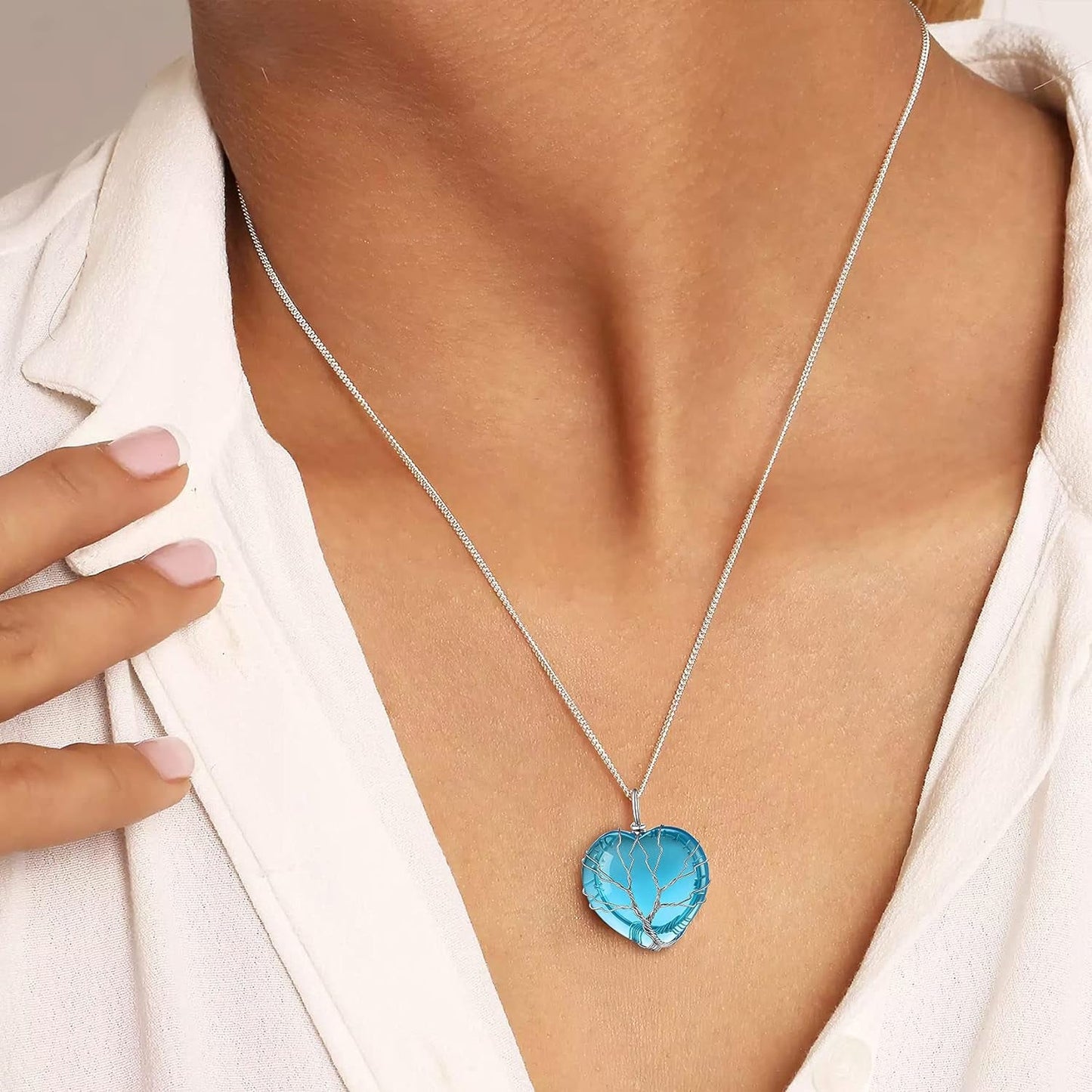 Tree of Life Wrapped Healing Crystal Necklaces 12 Month Birthstone Pendant for Women Grils, Crescent/Heart Gemstone Jewelry, Vintage Birthday Gifts/Energy Gift