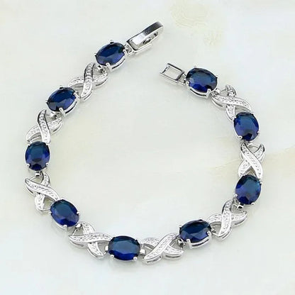 925 Sterling Silver Jewelry Blue Sapphire White Topaz Chain&Link Charm Bracelets For Women