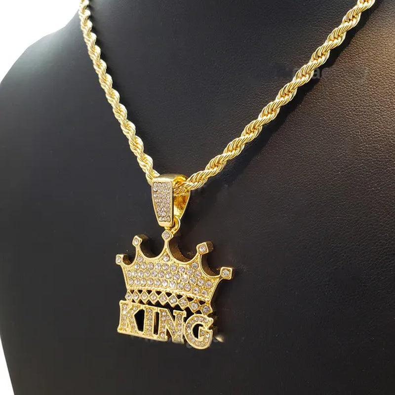 Hip Hop Iced Lab Diamond CROWNED KING Pendant & 4Mm 24" Rope Chain Necklace