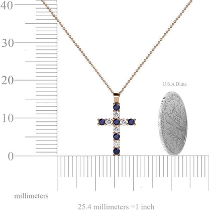 Petite Blue Sapphire & Natural Diamond (SI2-I1,G-H) Cross Pendant 0.34 Ctw 14K Gold. Included 16 Inches 14K Gold Chain.