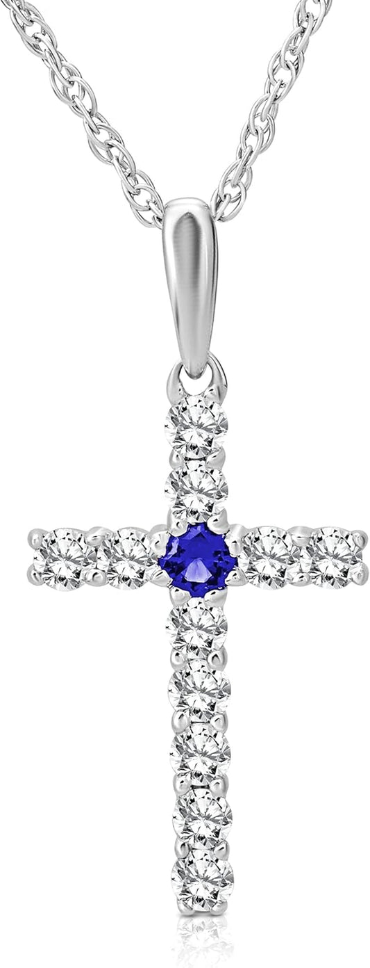 14K Gold Diamond and Created Blue Sapphire Cross Pendant with Sterling Silver Rope Chain Necklace (1/4 Cttw, I-J Color, I2-I3 Clarity), 18"