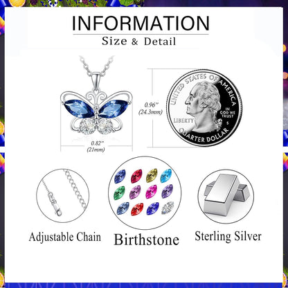 12 Birthstone Butterfly Pendant Necklace for Women Girls 925 Sterling Silver Cubic Zirconia Butterfly Jewelry Christmas Wedding Birthday Gifts for Mom Wife Daughter