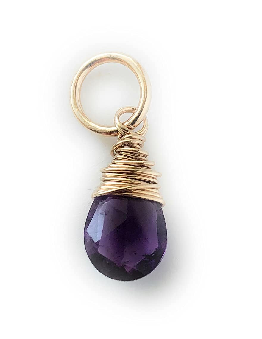 February Birthstone Charm for Necklace or Bracelet - Small Genuine Amethyst Briolette Pendant Wire Wrapped in Gold Fill