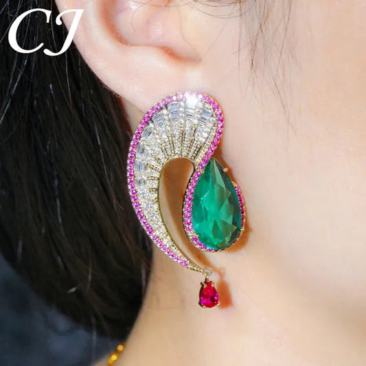 CANDICE Noble Micro Pave Tiny CZ Crystal Unique Leaf Shape Earrings with Green Water Drop Stones Ethiopian Gold Plated Wedding Banquet Jewelry for Women