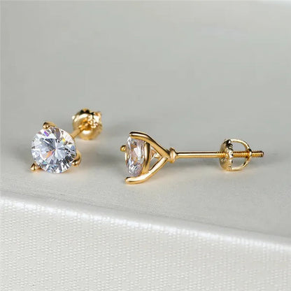 Vintage Three-Prong Martini Round Glass Stud Earrings Golden Spiral Bride Wedding Engagement Jewelry Gifts