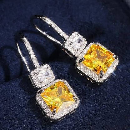 Bridal Wedding Hanging Earrings for Women Square Cut Citrine Gemstone Drop Earrings Lover Anniversary Gift