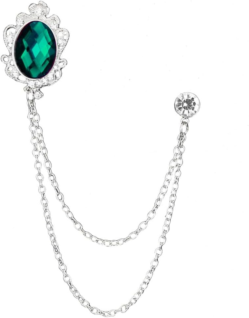 Vintage Gemstone Chain Brooch Pin Rhinestone Long Chain Tassel Suit Pin Zircon Oval Crystal Lapel Pin Jewelry for Women Men