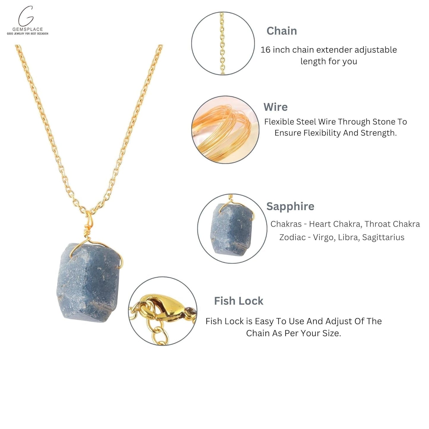 Raw Crystal Necklace, Blue Sapphire Rough Stone Necklace, Dainty Stone Pendant, Healing Crystals Healing Stone Pendant for Beauty, Love and Positive, Jewelry Gift